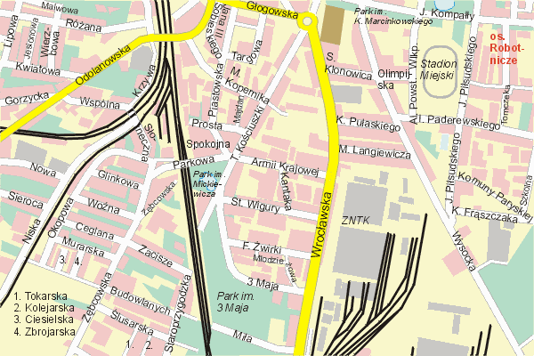 Mapa ( Plan ) Ostrowa Wielkopolskiego. Warstwa gwna. Ostrw Wielkopolski - Wielkopolska.    
   Warstwa gwna prezentuje ukad ulic Ostrowa Wielkopolskiego, oraz okolicznych miejscowoci. Zaznaczono: gwne trasy komunikacyjne, trasy przelotowe Ostrowa, jeziora, rzeki, trasy kolejowe, tereny zielone, przemysowe i zarysy zabudowa. Mapa wykonana jest w skali 1:10 000 - warstwa podstawowa oraz w wikszych skalach.

Ostrw Wielkopolski - warstwa gwna Internetowego Planu Ostrowa Wielkopolskiego serwisu Cyber Wielkopolska.